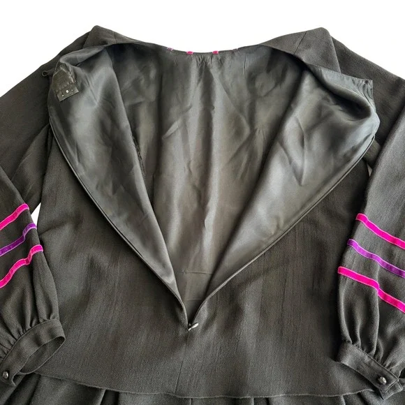 Anna Sui USA‎ Made Wool Woven Velvet Ribbon Peasant Flounce Black Pink Dress 8